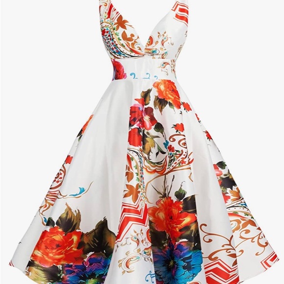 Dresses | Deep Vneck Floral Printed Satin Cocktail Swing Dress | Poshmark